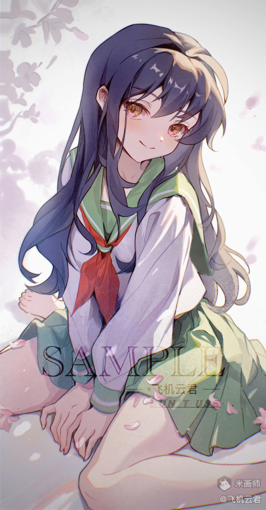 1girl, absurdres, barefoot, between_legs, black_hair, brown_eyes, closed_mouth, cloudyman