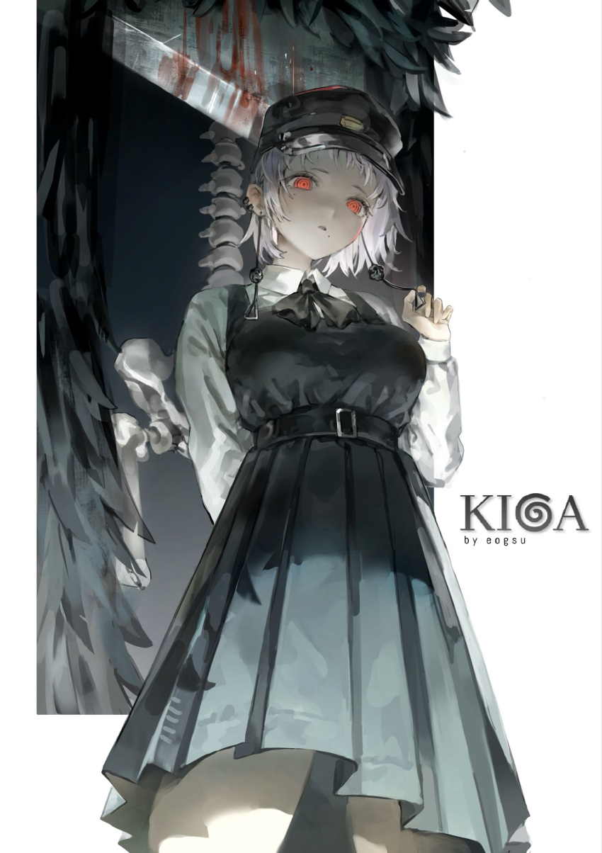 1girl, artist_name, belt, black_belt, black_dress, black_hat, blood, chainsaw_man
