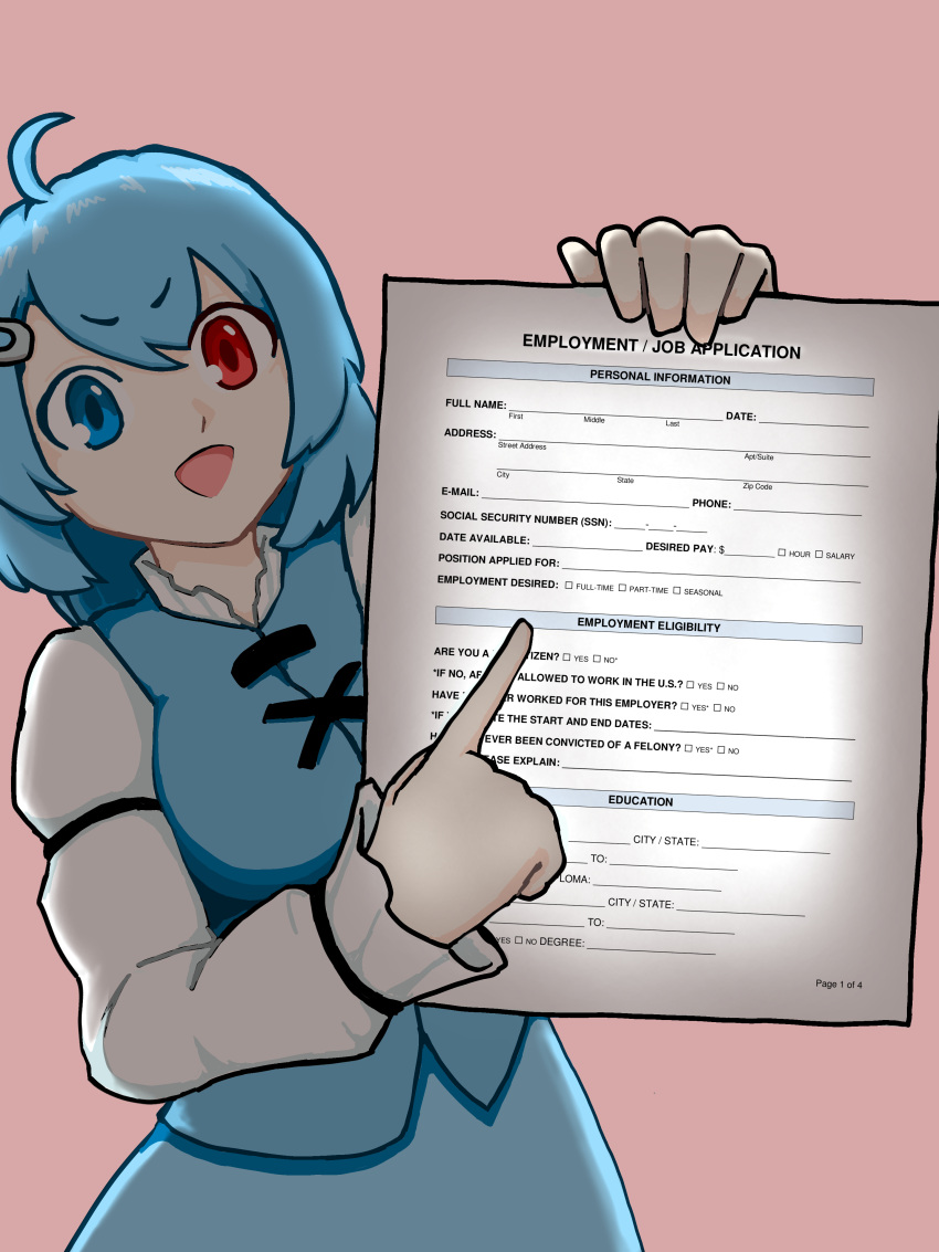 1girl, :d, absurdres, blue_eyes, blue_hair, blue_skirt, blue_vest, commentary