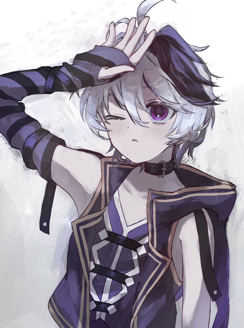 1girl, absurdres, belt_collar, black_hair, blue_eyes, choker, collar, flower_(vocaloid), flower_(vocaloid4), go_onnu, highres, multicolored_hair, one_eye_closed, two-tone_hair, vocaloid, white_hair