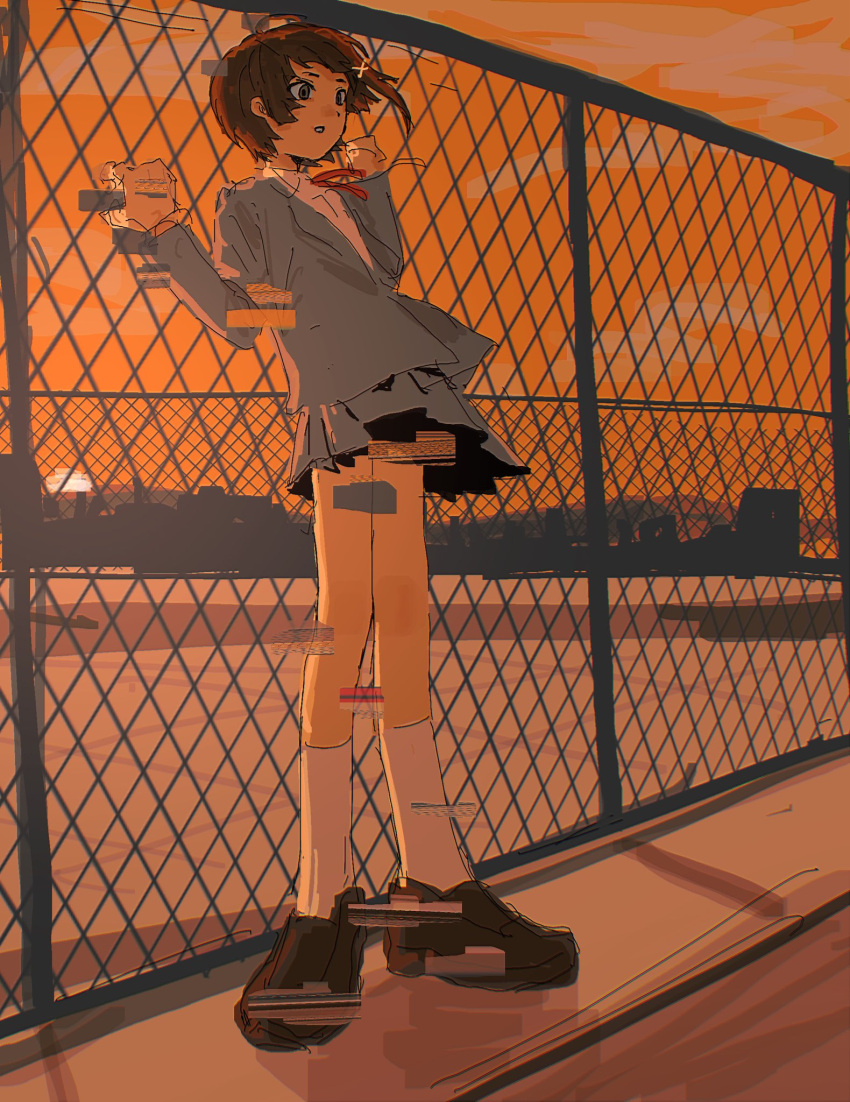 1girl, asymmetrical_hair, blazer, blush, brown_eyes, brown_hair, brown_shoes, censored