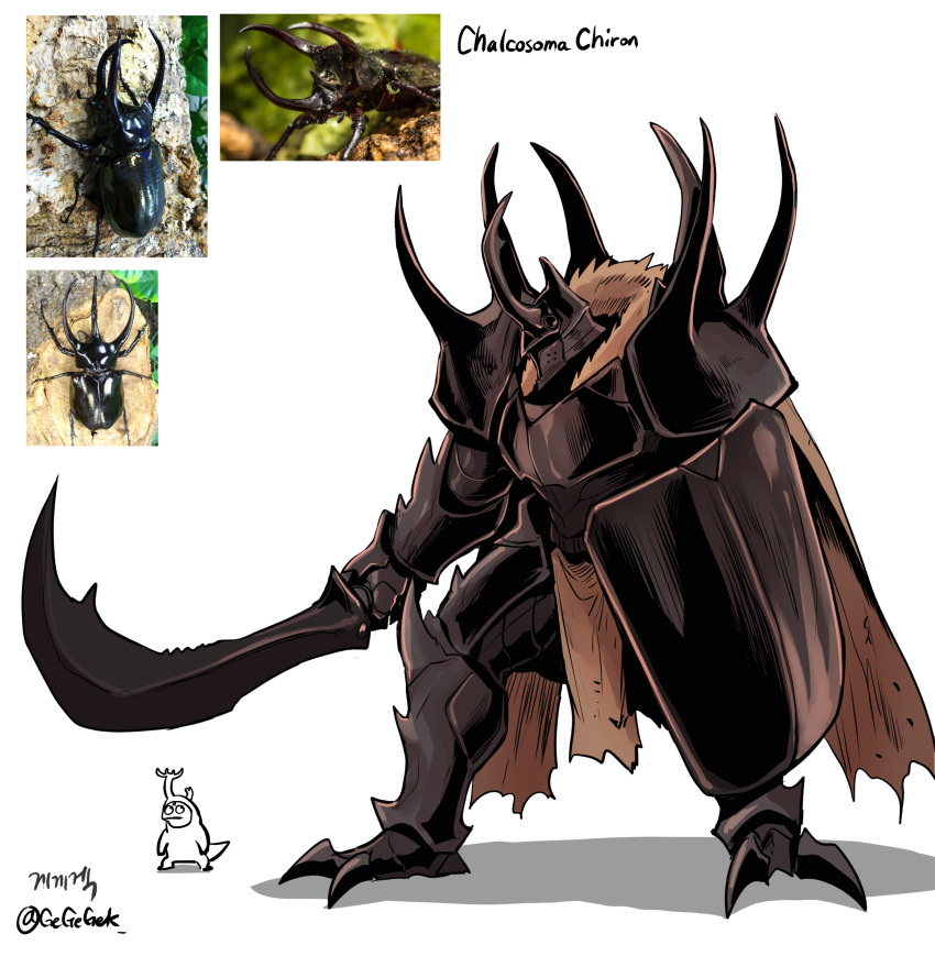 1boy, absurdres, armor, arthropod_boy, artist_name, artist_self-insert, beetle, beetle_boy, bug, cape, caucasus_beetle, diffraction_spikes, fake_horns, full_body, fur-trimmed_armor, fur_trim, gauntlets, gegegekman, helmet, highres, holding, holding_shield, holding_sword, holding_weapon, horned_helmet, horns, knight, lizard, original, pauldrons, pelvic_curtain, personification, photo_inset, reference_inset, shield, shoulder_armor, signature, spiked_pauldrons, spikes, sword, weapon