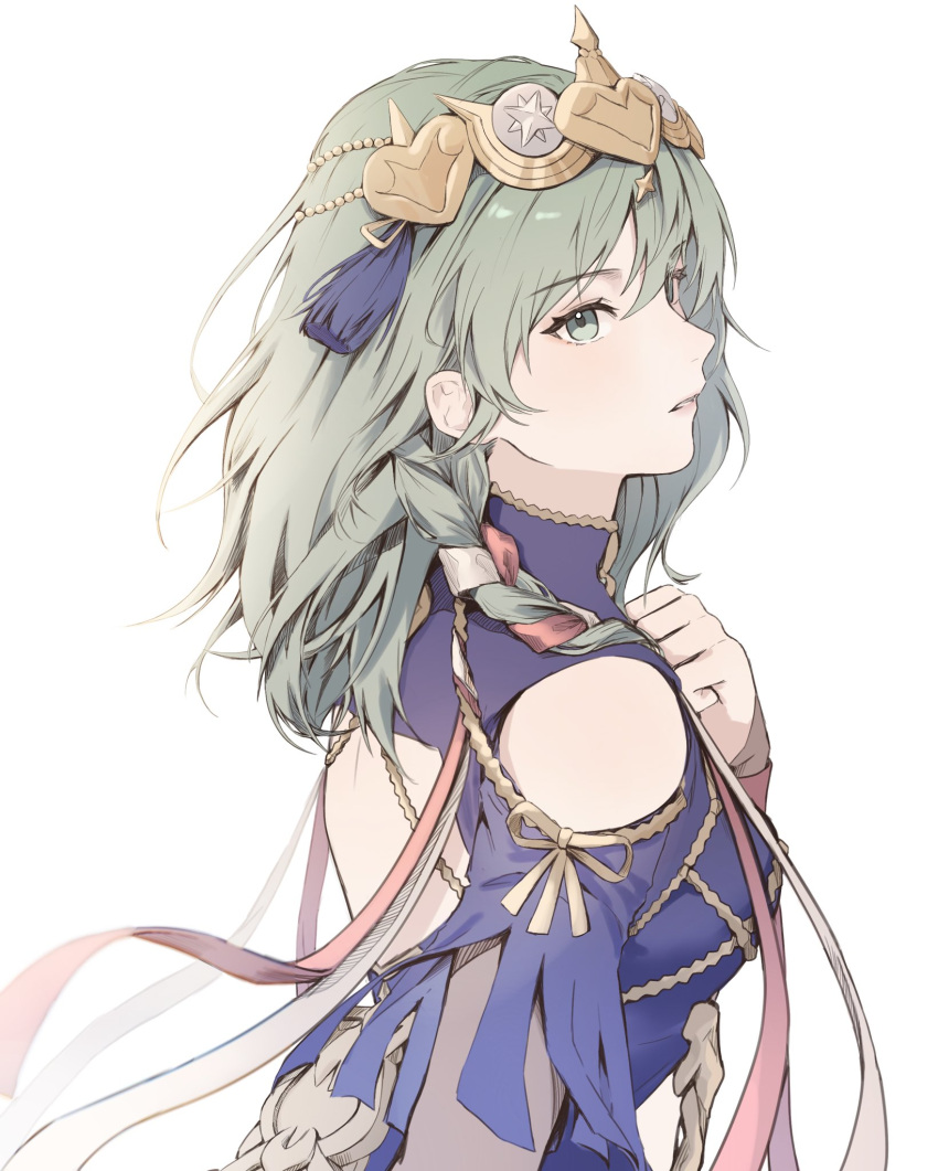 1girl, bare_shoulders, blue_dress, blush, braid, breasts, cing_animate, clothing_cutout, cosplay, dress, female_byleth_(awakened)_(fire_emblem), female_byleth_(fire_emblem), female_byleth_(sothis_regalia)_(fire_emblem), fire_emblem, fire_emblem:_three_houses, fire_emblem_heroes, green_eyes, green_hair, hair_ribbon, highres, long_hair, official_alternate_costume, official_alternate_hair_color, parted_lips, ribbon, ribbon_braid, shoulder_cutout, side_braid, simple_background, solo, sothis_(fire_emblem), sothis_(fire_emblem)_(cosplay), tass, tiara, upper_body, white_background