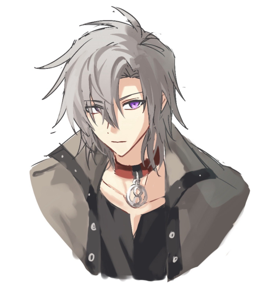 1boy, biuedestinati0n, black_shirt, bob_cut, choker, closed_mouth, coat, collarbone