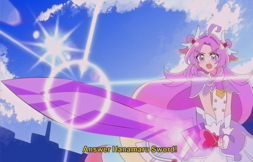 1990s_(style), 1girl, ahoge, akechi_anna, answer_hanamaru_sword, blue_eyes, blue_sky, bow