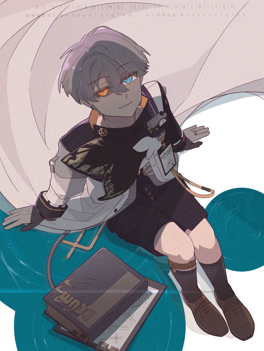 1girl, adversarial_noise, amanatsu_(amanatu5069), arm_support, black_sclera, black_shorts, black_socks, blue_eyes
