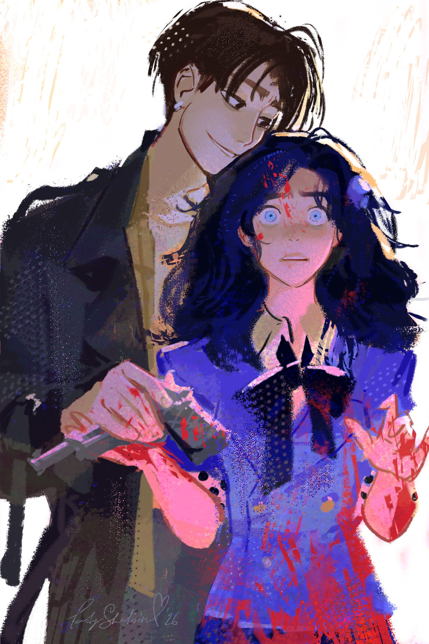 1boy, 1girl, absurdres, black_bow, black_bowtie, black_eyes, black_hair, black_jacket, blood, blue_eyes, blue_jacket, bow, bowtie, brown_hair, commentary, english_commentary, frown, gun, heathers, highres, holding, holding_gun, holding_weapon, jacket, jason_dean, ladyshalirin, long_hair, short_hair, signature, smile, veronica_sawyer, very_short_hair, weapon, white_background, wide-eyed