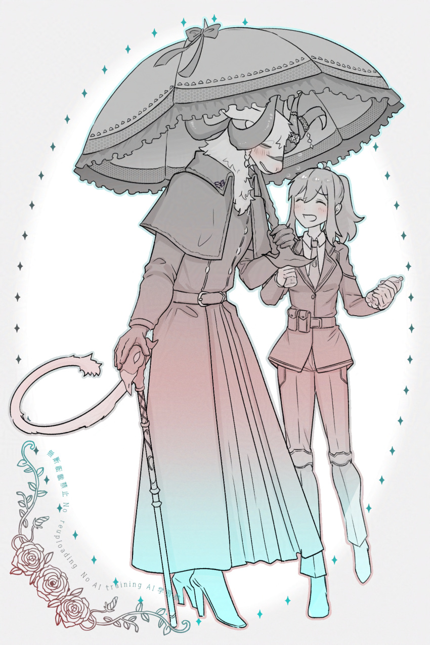 1boy, 1girl, blush, body_fur, boots, braid, cane, capelet