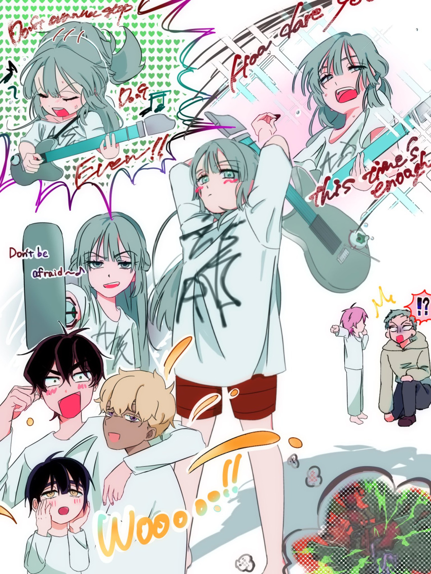 !?, 1girl, 1other, 4boys, alien_stage, barefoot, black_hair, black_pants, blonde_hair, cheering, commentary, cosplay, dark-skinned_male, dark_skin, english_text, freddie_(alien_stage), green_eyes, grey_hair, grey_hoodie, guitar, half_updo, highres, holding, holding_guitar, holding_instrument, hood, hoodie, instrument, long_hair, lyrics, multiple_boys, open_mouth, pants, red_shorts, shirt, shorts, singing, ten_c4anl, till_(alien_stage), till_(alien_stage)_(cosplay), white_shirt, yellow_eyes