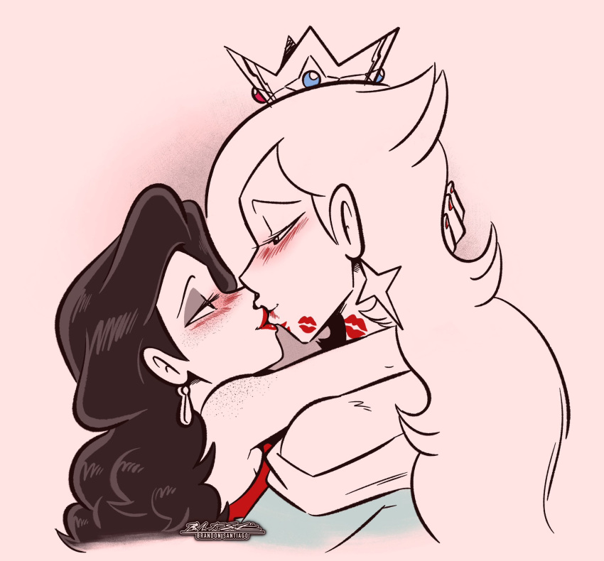 2girls, blush, brandon_santiago, commentary, crown, earrings, english_commentary, highres