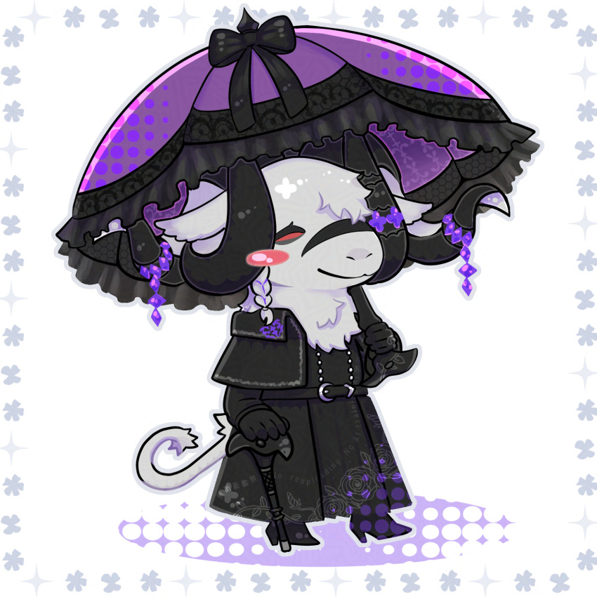 1boy, black_capelet, black_coat, blush_stickers, body_fur, cane, capelet, chibi