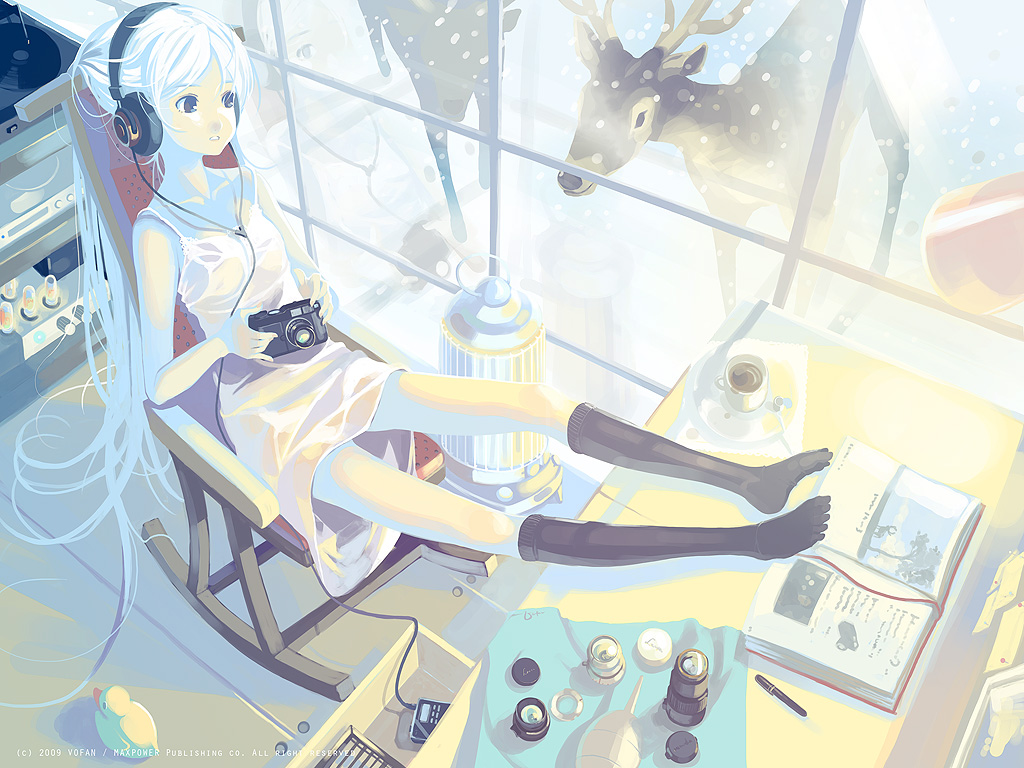 book, brown_eyes, camera, chocolate, desk, digital_media_player, dress, feet
