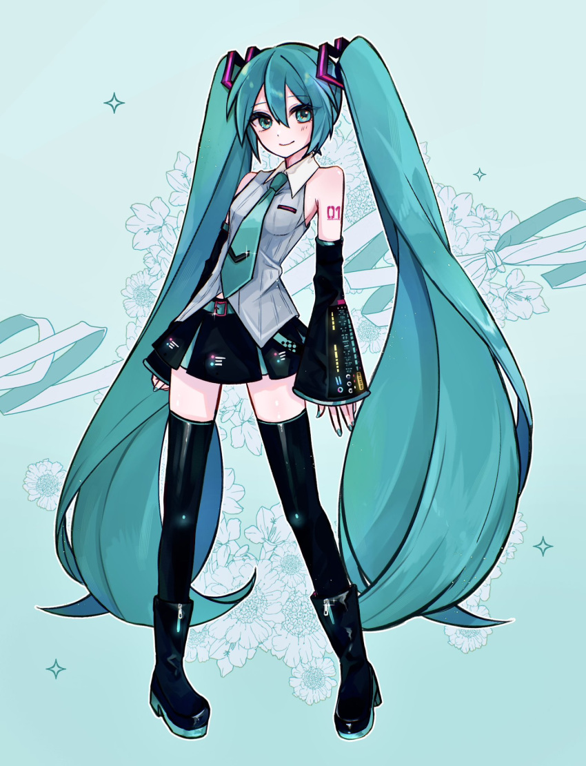 1girl, absurdly_long_hair, aqua_belt, aqua_eyes, aqua_hair, aqua_nails, aqua_necktie, aqua_trim