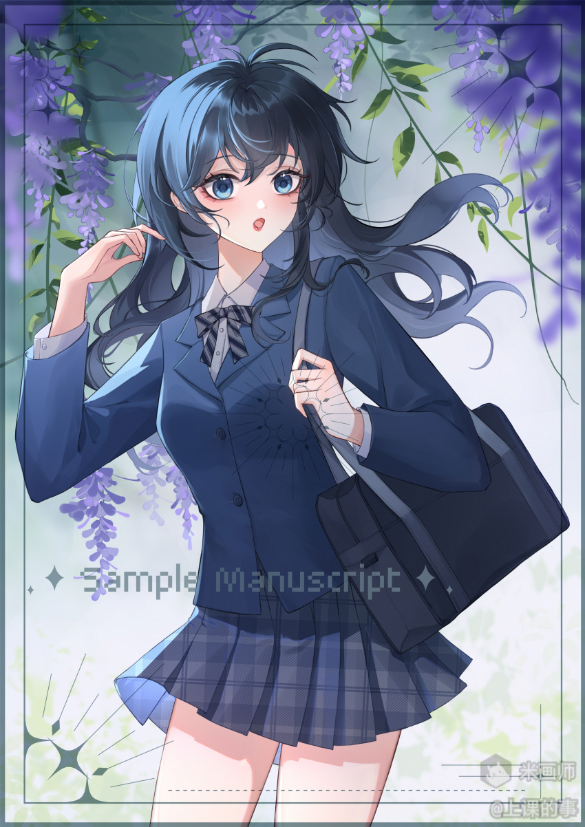 1girl, :o, absurdres, bag, black_bag, black_bow, black_bowtie, black_hair, black_skirt, blue_eyes, blue_jacket, bow, bowtie, breasts, buttons, collared_shirt, commission, cowboy_shot, diagonal-striped_bow, diagonal-striped_bowtie, diagonal-striped_clothes, flower, hand_up, highres, higurashi_kagome, hu_chi_jiang, inset_border, inuyasha, jacket, lipstick, long_hair, long_sleeves, makeup, mihuashi_commission, mihuashi_logo, mihuashi_username, miniskirt, open_mouth, plaid_clothes, plaid_skirt, pleated_skirt, purple_flower, red_lips, school_bag, school_uniform, shirt, skirt, solo, standing, striped_bow, striped_bowtie, striped_clothes, white_shirt, wisteria