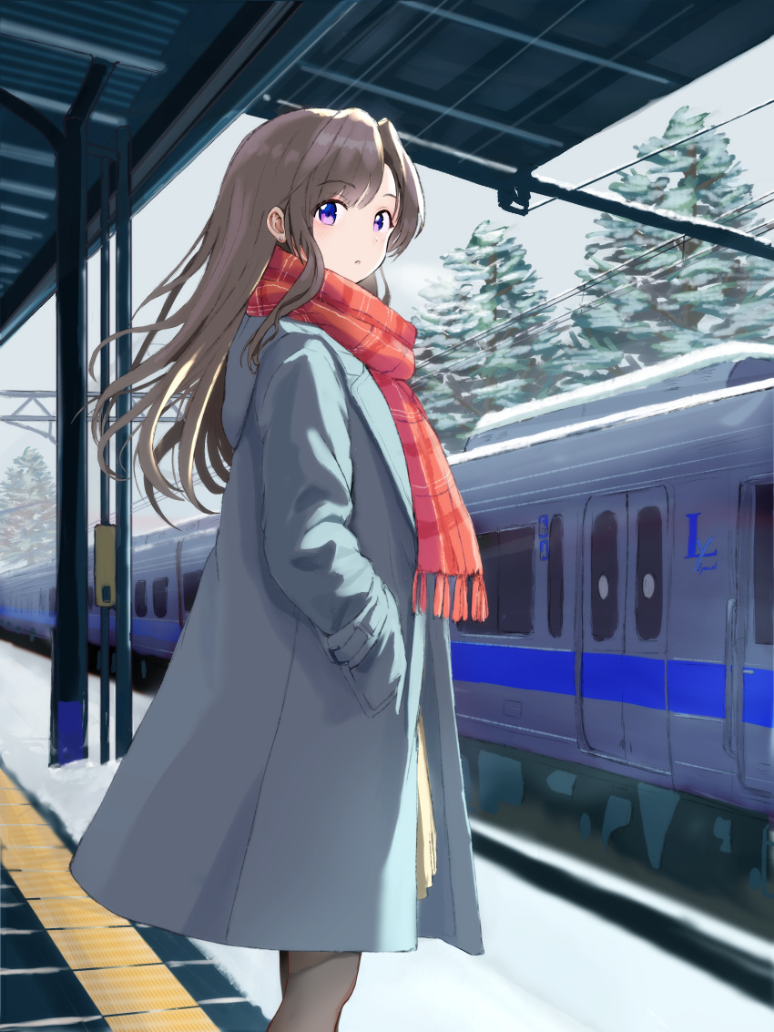 1girl, absurdres, black_pantyhose, blue_coat, brown_hair, brown_skirt, coat, commentary_request