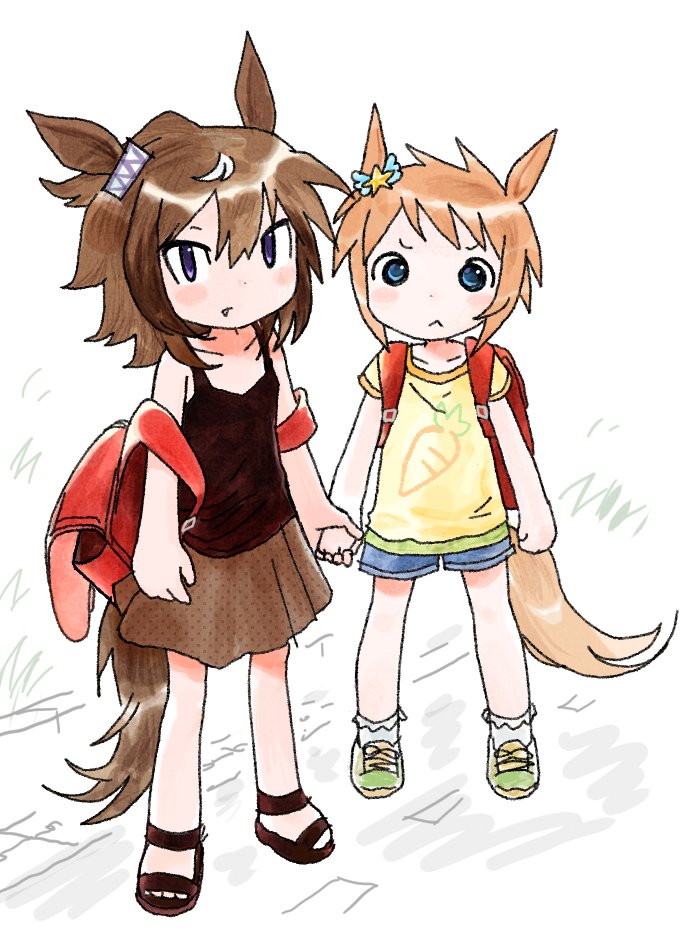 2girls, :<, ahoge, animal_ears, backpack, bag, biko_pegasus_(umamusume), blue_eyes