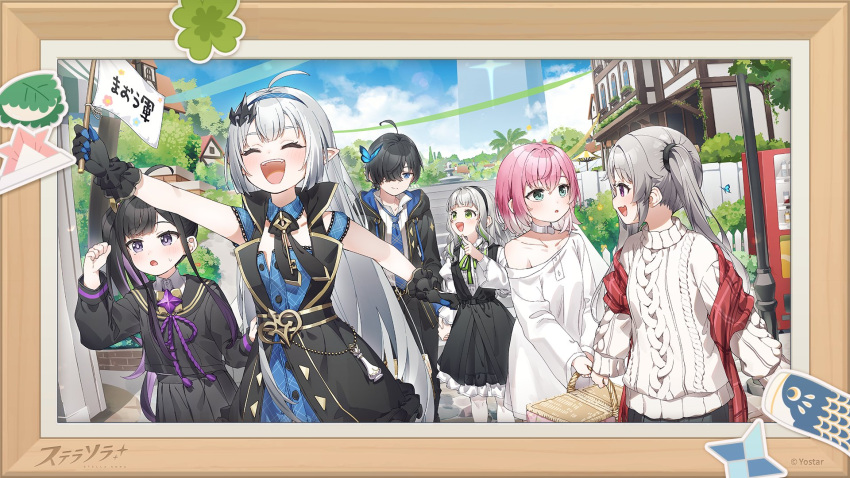 1boy, 5girls, aged_down, ahoge, arm_up, bare_shoulders, black_hair, black_sailor_collar