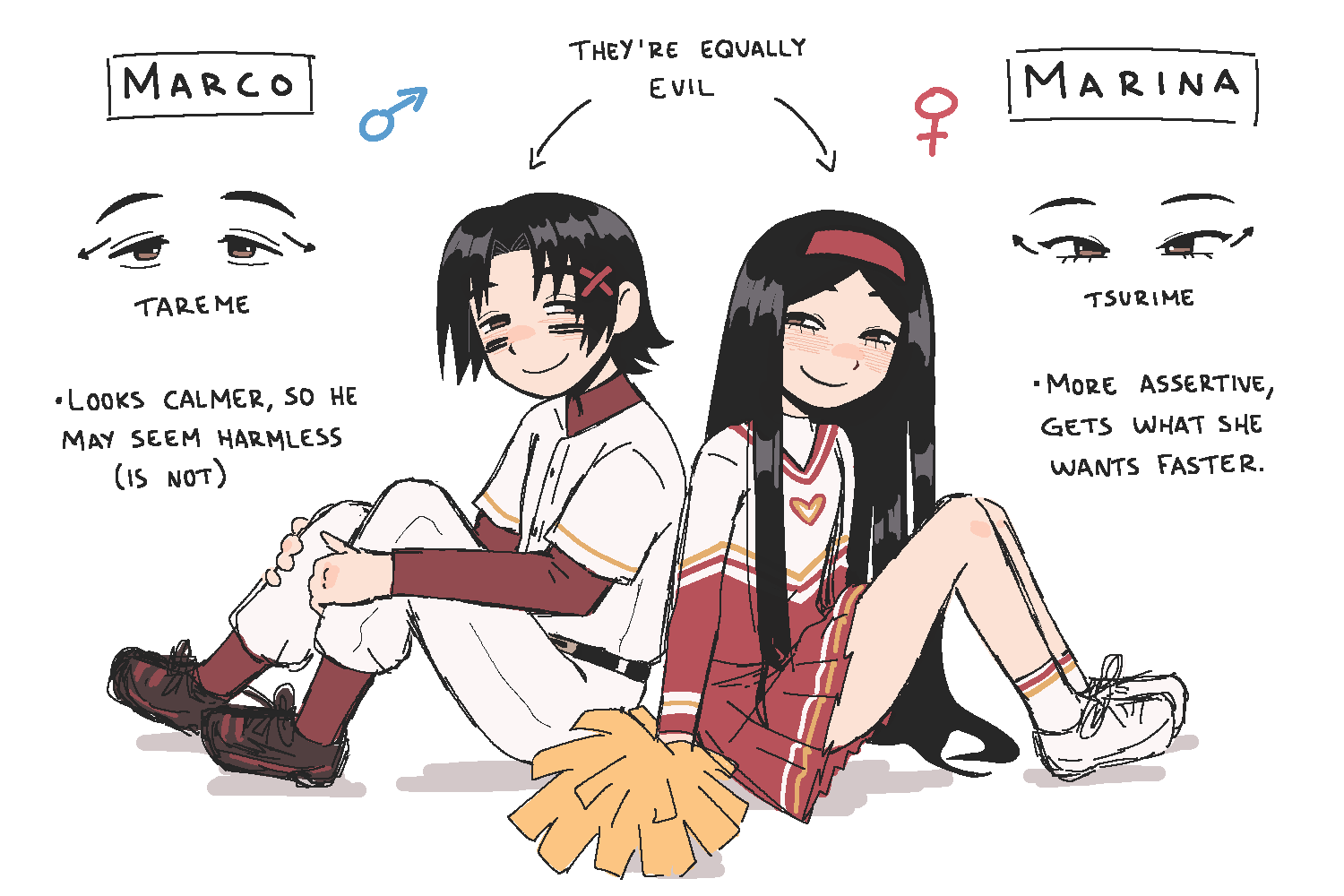 1boy, 1girl, arrow_(symbol), back-to-back, baseball_uniform, black_hair, blush, borrego_tan, character_name, cheerleader, commentary_request, english_text, full_body, hairband, half-closed_eyes, jersey, long_hair, looking_at_another, mars_symbol, original, pants, pleated_skirt, pom_pom_(cheerleading), red_hairband, red_shirt, red_shoes, red_skirt, red_socks, shirt, shoes, short_hair, simple_background, sitting, skirt, smile, socks, sportswear, tareme, tsurime, venus_symbol, white_background, white_pants, white_shirt