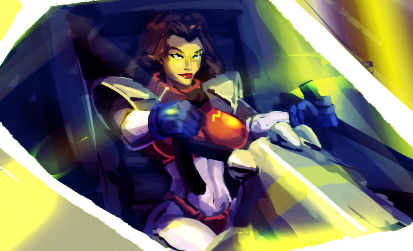 1girl, armor, blue_gloves, bodysuit, breasts, brown_hair, cockpit, covered_navel