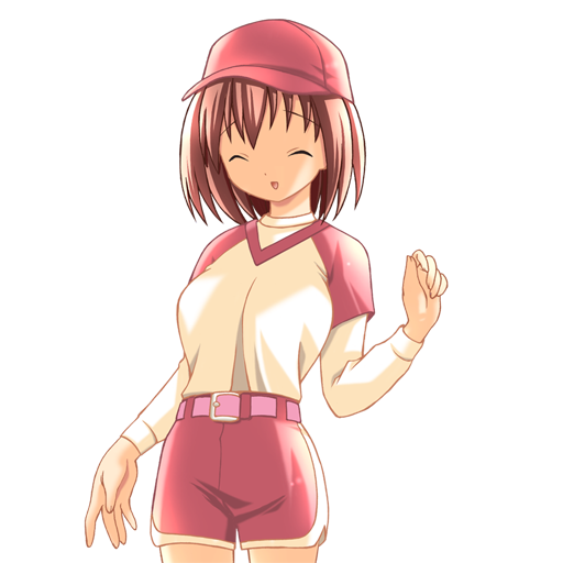1girl, 2000s_(style), baseball_cap, baseball_uniform, belt, breasts, brown_hair, closed_eyes, cowboy_shot, game_asset, hair_between_eyes, hair_intakes, half_updo, hat, hogeroh, large_variant_set, layered_sleeves, long_sleeves, medium_breasts, natsuki_mayu, non-web_source, open_mouth, raised_inner_eyebrows, ryoujoku_gakuen, self-datamine, short_over_long_sleeves, short_sleeves, shorts, simple_background, smile, solo, sportswear, tented_shirt, transparent_background, variant_set