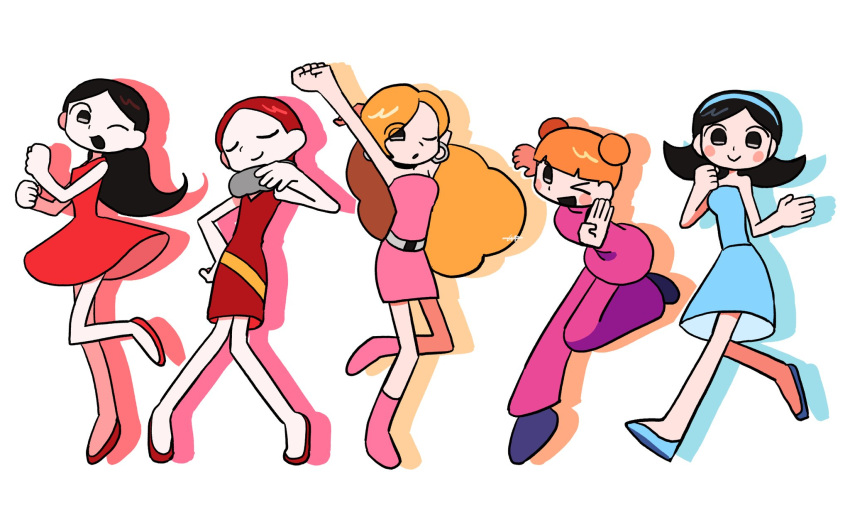 5girls, ;d, arm_up, belt, black_eyes, black_hair, blonde_hair, blue_dress