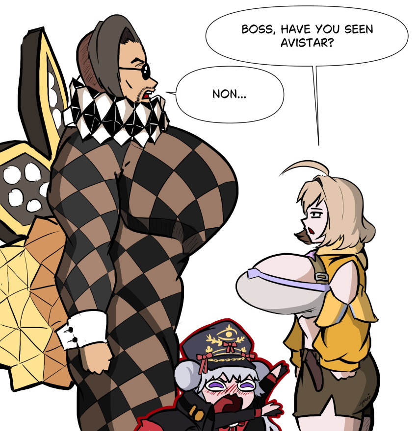 1boy, 2girls, alternate_breast_size_(larger), anis_(nikke), avistar_(nikke), black_eyes, blind_spot_(meme), breasts, brown_hair, commentary, english_text, goddess_of_victory:_nikke, grey_hair, hat, highres, huge_breasts, huge_pectorals, meme, multiple_girls, mustang_(nikke), pectorals, size_difference, speech_bubble, sunglasses, violet_eyes, yueri_(lunariselsydia)