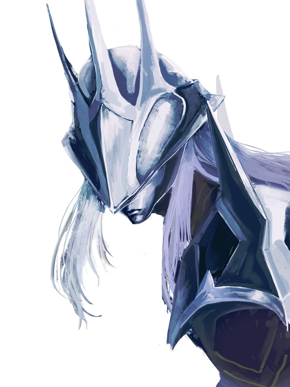 1boy, aka_boguma, armor, closed_mouth, commentary_request, highres, long_hair, looking_at_viewer, looking_to_the_side, pyrois_(zenless_zone_zero), simple_background, upper_body, white_background, white_hair, zenless_zone_zero