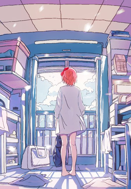 1girl, bag, barefoot, bow, commentary, doki_doki_literature_club, dress, english_commentary