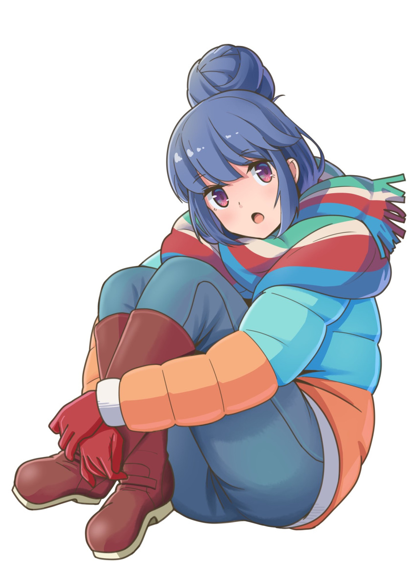 1girl, blue_background, blue_hair, blue_jacket, blue_pants, blue_scarf, boots, brown_boots, brown_scarf, commentary_request, curled_up, denim, down_jacket, full_body, gloves, green_scarf, hair_bun, highres, huge_hair_bun, hugging_own_legs, jacket, jeans, knee_boots, knees_up, looking_at_viewer, matebashi, multicolored_jacket, multicolored_scarf, open_mouth, orange_jacket, pants, pinecone, red_gloves, red_scarf, scarf, shima_rin, single_hair_bun, sitting, solo, striped_clothes, striped_scarf, two-tone_jacket, violet_eyes, white_background, yurucamp