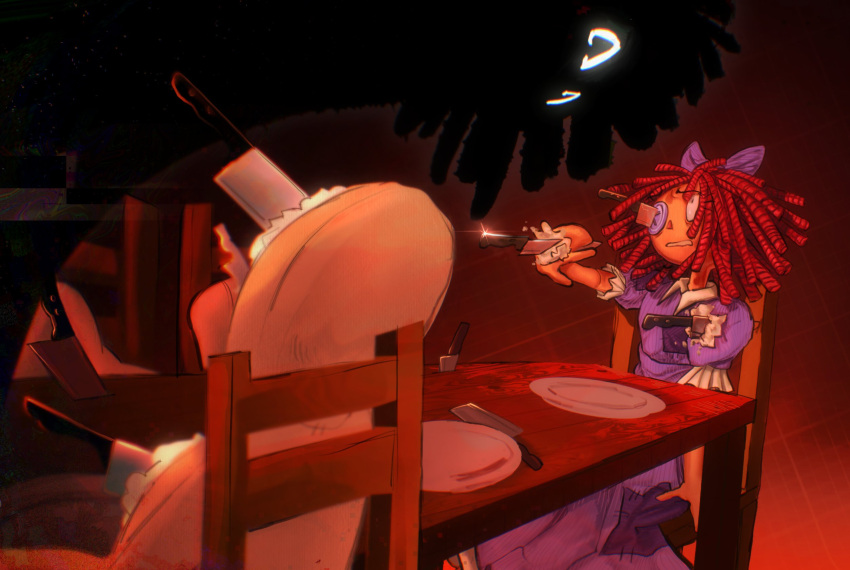 2girls, bow, button_eyes, buttons, chair, commentary, dress, english_commentary