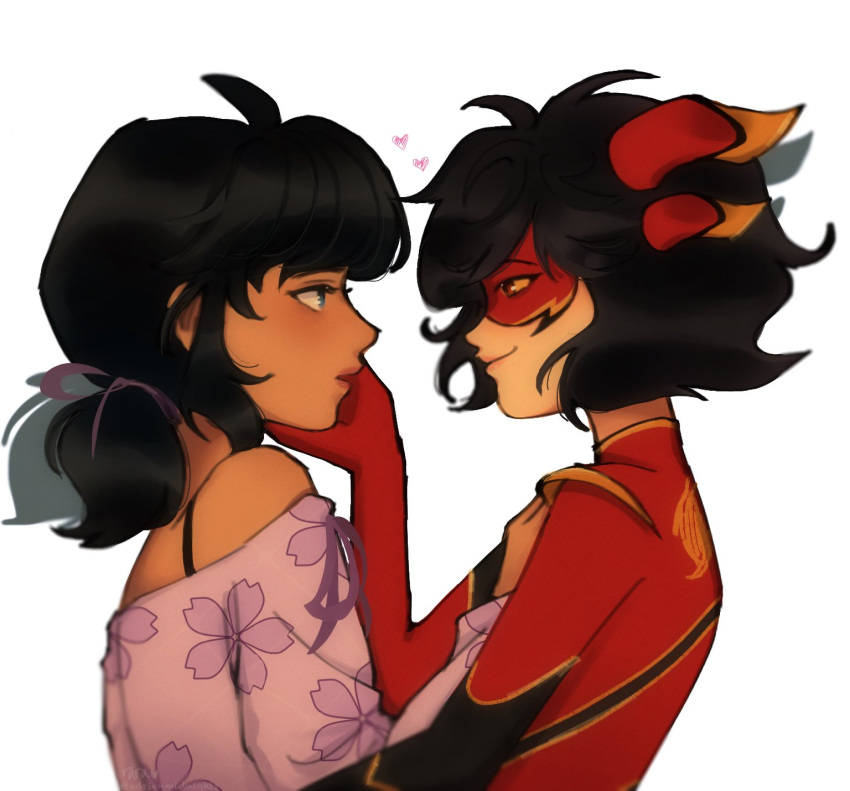 2girls, black_hair, blue_eyes, bodysuit, commentary, dragon_horns, english_commentary, eye_mask