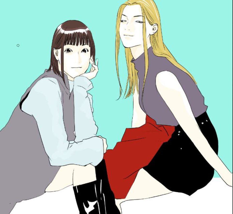 black_boots, black_skirt, blonde_hair, boots, brown_hair, commentary_request, dress, fukunaga_yuuji, kaitani_shinobu, kanzaki_nao, liar_game, long_hair, long_sleeves, official_art, skirt, smile