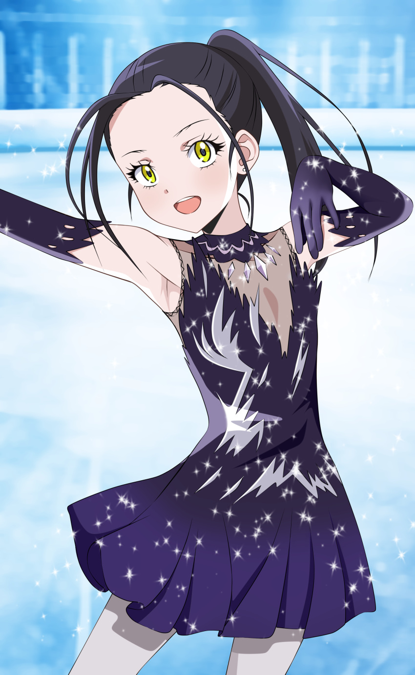 1girl, :d, absurdres, armpits, arms_up, black_hair, collarbone, commentary