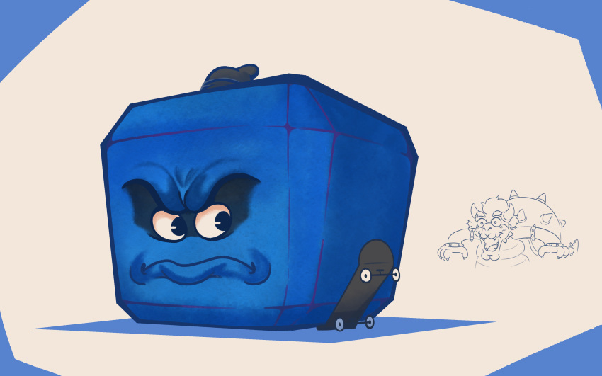 1boy, 2boys, absurdres, armlet, backwards_hat, blue_eyes, blue_theme, bowser