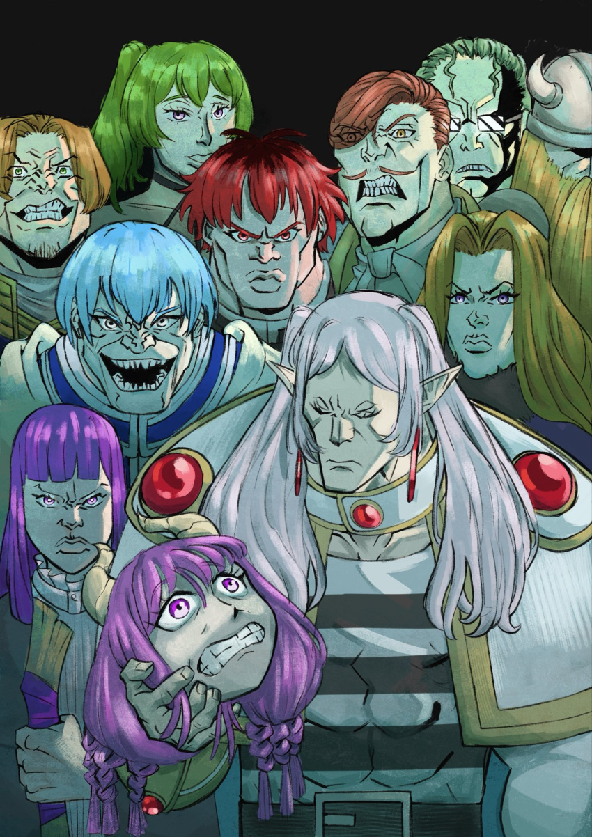 5girls, 6+boys, aura_(sousou_no_frieren), blue_hair, brown_hair, closed_mouth, commentary, disembodied_head, earrings, eisen_(sousou_no_frieren), english_commentary, fern_(sousou_no_frieren), frieren, green_hair, grin, heiter, hero_of_the_south_(sousou_no_frieren), highres, himmel_(sousou_no_frieren), jewelry, jhonemundee, manlification, meme, methode_(sousou_no_frieren), multiple_boys, multiple_girls, open_mouth, pointy_ears, purple_hair, red_hair, sein_(sousou_no_frieren), side_ponytail, smile, sousou_no_frieren, stark_(sousou_no_frieren), twintails, ubel_(sousou_no_frieren), viltrumite_group_shot_(meme), white_hair, wide-eyed