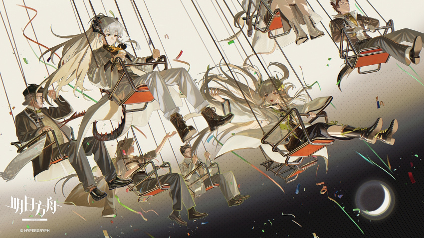 3boys, 4girls, arknights, black_boots, boots, brown_hair, chinese_commentary, coat