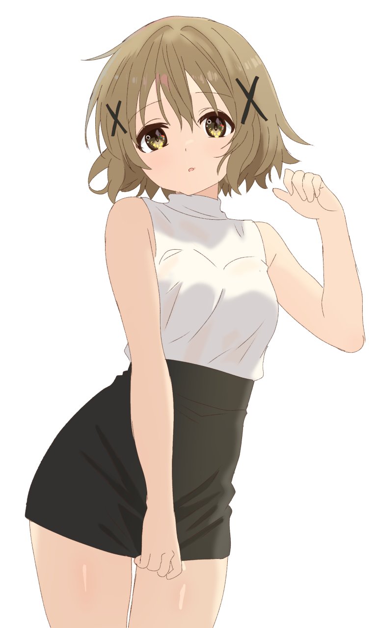 1girl, black_skirt, brown_eyes, brown_hair, commentary, hair_ornament, hidamari_sketch, high-waist_skirt