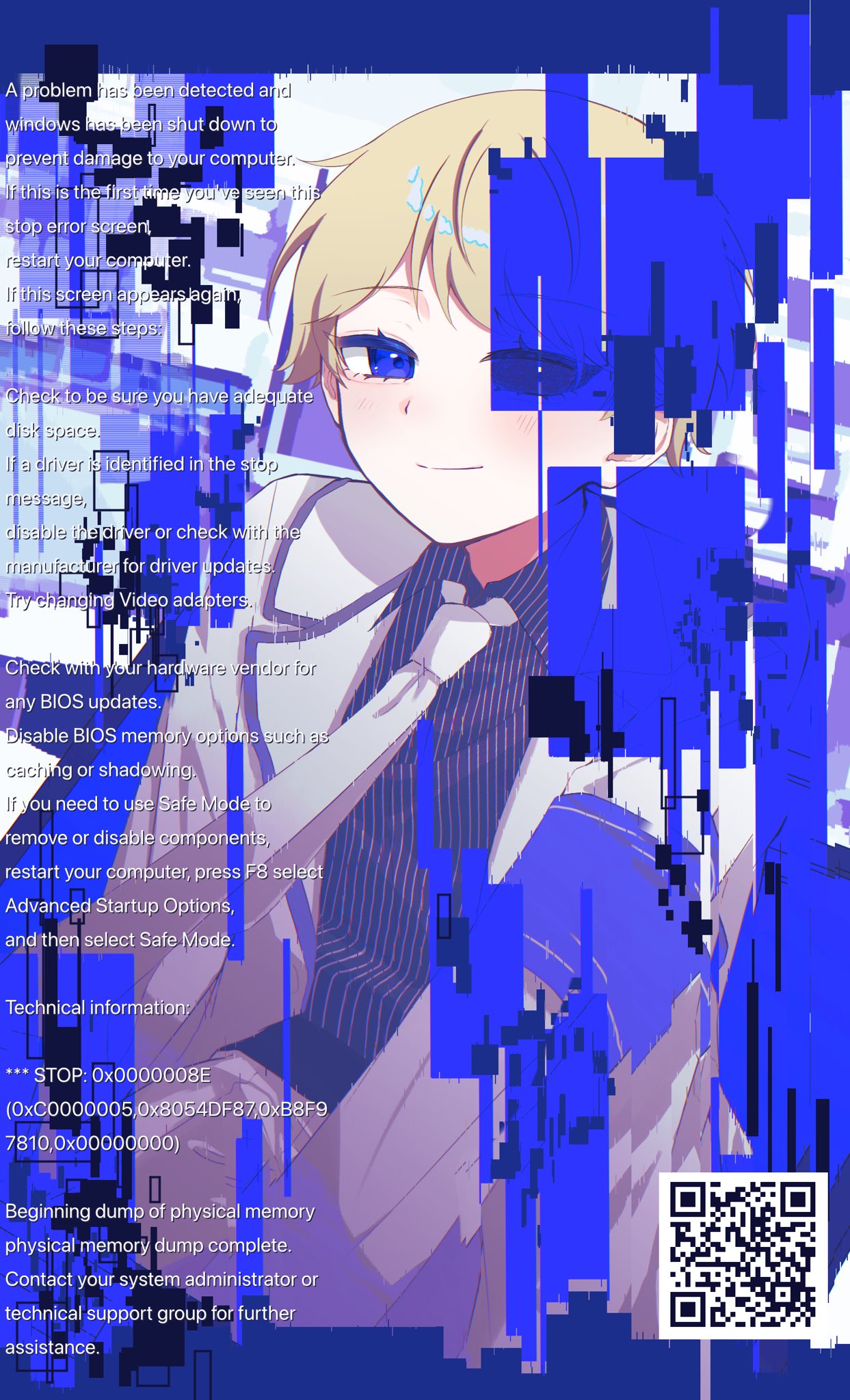 armband, blonde_hair, blue_armband, blue_eyes, blue_screen_of_death, coat, commentary_request, cowboy_shot, english_text, glitch, griffin_stewart, highres, lapels, mikuru_krkr, mitsudomoe_koubou_(series), necktie, oshi_no_taisetsuna_hito_ni_narikawaru, pants, pinstripe_pattern, pinstripe_shirt, qr_code, shirt, smile, white_coat, white_necktie, white_pants