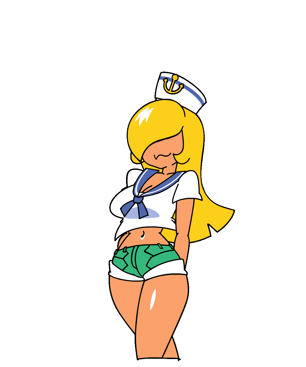 1girl, animated, animated_gif, blonde_hair, bouncing_breasts, breasts, dark-skinned_female, dark_skin, green_eyes, highres, humanization, koopa_troopa, long_hair, looking_at_viewer, medium_breasts, minuspal, personification, sailor_collar, salute, short_shorts, shorts, smile, solo, solo_focus, super_mario_bros., tan, thighs, transparent_background