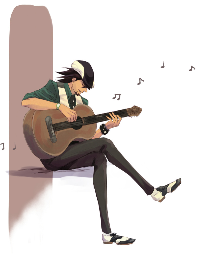 acoustic_guitar, bad_id, bracelet, brown_hair, cabbie_hat, closed_eyes, crossed_legs, eyes_closed