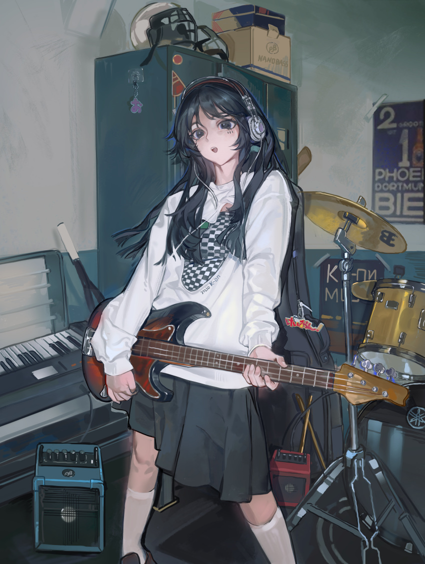 1girl, absurdres, akiyama_mio, bass_guitar, black_eyes, black_hair, black_shoes, black_skirt