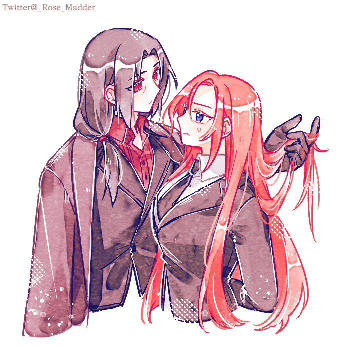 2girls, arms_behind_back, black_gloves, black_jacket, blue_eyes, brown_hair, character_request, collared_shirt