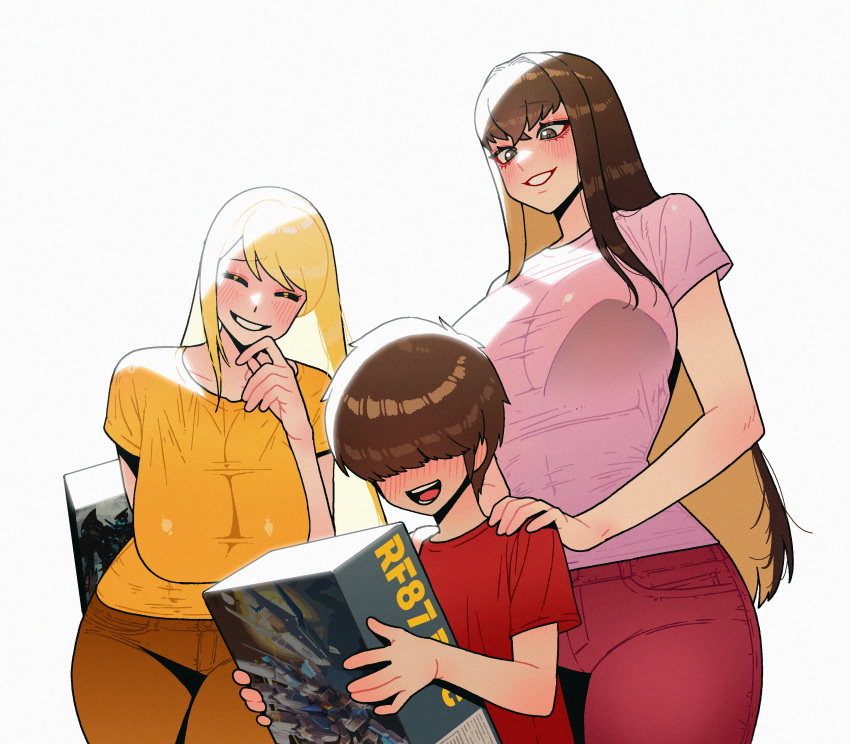 1boy, 2girls, absurdres, alternate_costume, blonde_hair, breasts, brown_eyes, brown_hair