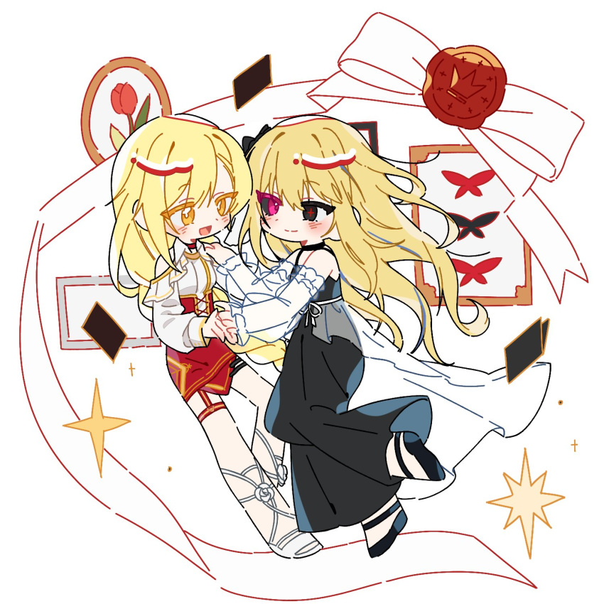 2girls, :d, bare_shoulders, black_dress, black_eyes, black_sclera, blonde_hair, blush