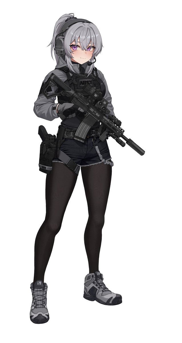 1girl, ar-15, assault_rifle, black_pantyhose, blush, bt_(user_udwc7853), closed_mouth, daniel_defense_ddm4, glock, gun, handgun, headphones, high_ponytail, holster, looking_at_viewer, original, pantyhose, ponytail, rifle, shorts, simple_background, tactical_gloves, tobacco, unfinished, violet_eyes, weapon, white_background, white_hair