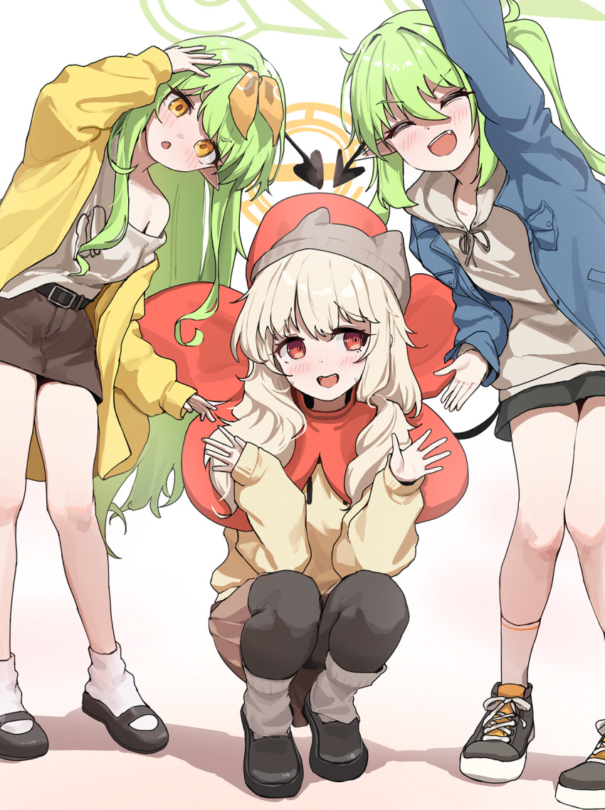 3girls, aoba_(blue_archive), aoba_(mom's_touch)_(blue_archive), blue_archive, blush, closed_eyes, commentary_request, green_hair