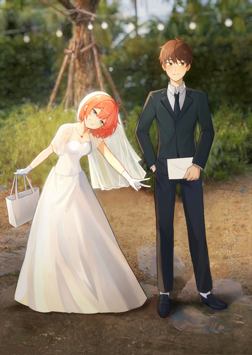 1boy, 1girl, absurdres, averting_eyes, bag, black_necktie, black_shoes, black_suit
