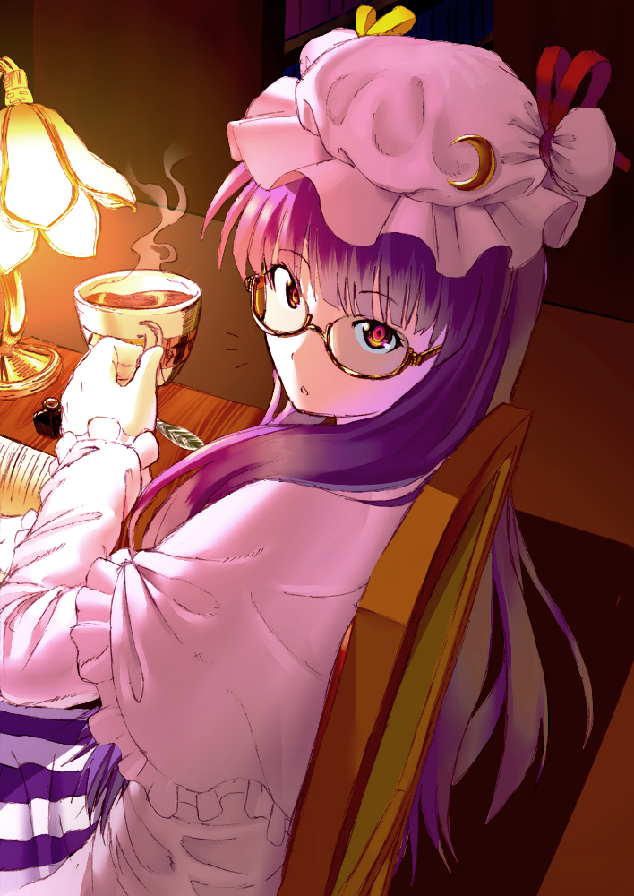 bespectacled, brown_eyes, crescent, cup, glasses, hat, lamp, long_hair, looking_at_viewer, patchouli_knowledge, purple_hair, red_eyes, sitting, solo, tahoo, tea, teacup, touhou