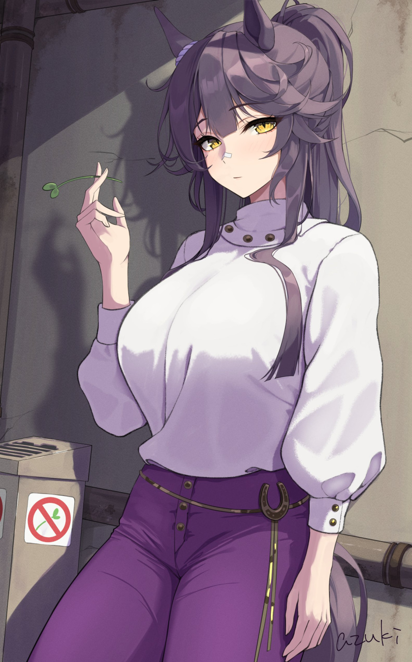 absurdres, animal_ears, azuki_(azuki_azukki), bandaid, bandaid_on_face, bandaid_on_nose, black_hair, blush, breasts, closed_mouth, commentary_request, ear_scrunchie, hair_between_eyes, highres, holding, horse_ears, horse_girl, horse_tail, large_breasts, long_hair, long_sleeves, looking_at_viewer, narita_brian_(casual)_(umamusume), narita_brian_(umamusume), pants, ponytail, purple_pants, shirt, sweater, tail, umamusume, white_sweater, yellow_eyes