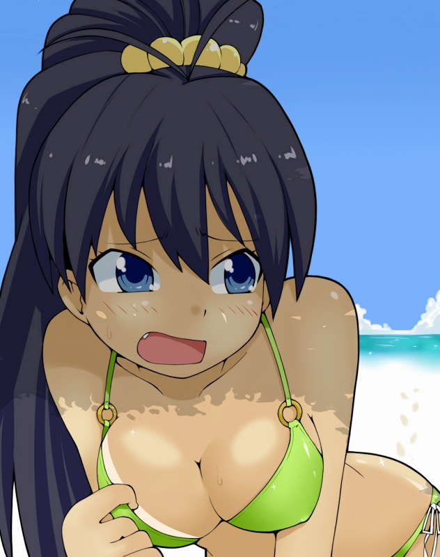 :o, antenna_hair, bangs, beach, bent_over, bikini, bikini_pull, black_hair